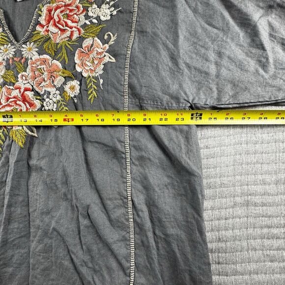 Johnny Was Embroidered Linen Top Women L Gray Floral Tunic Long Sleeve Boho - Picture 3 of 8